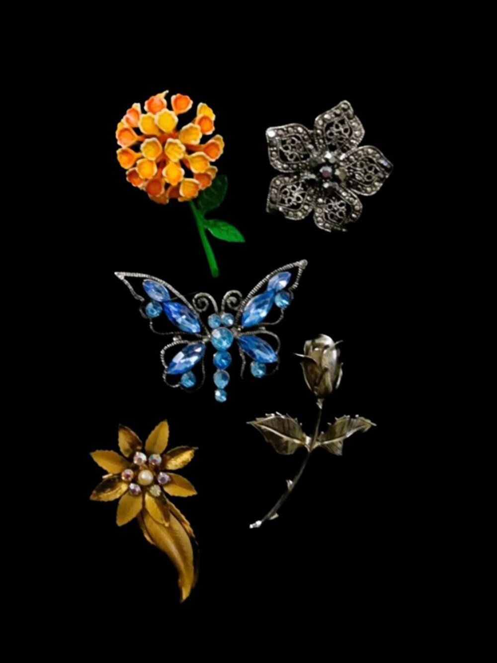 Vintage 1950s-1990s Brooch Lot 5pc • Rhinestone Enamel Marcasite Floral Butterfl